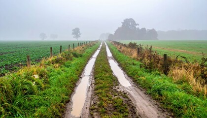 Obraz premium Serene Foggy Landscape with Muddy Pathway through Lush Green Fields