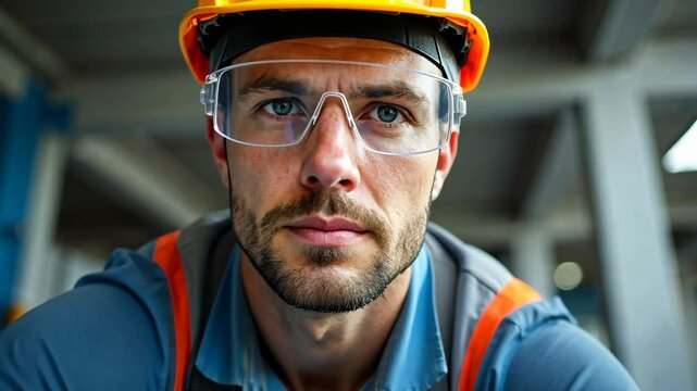 A construction worker in a helmet and protective glasses working with tools, front view, daylight lighting, industrial color palet.