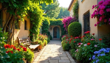 Naklejka premium Sun-drenched Andalusian garden bursting with vibrant flowers and lush greenery , cypress trees, colorful, jasmine