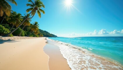 Sun-drenched beach, gentle waves lapping the shore, clear blue sky , light, clouds, landscape
