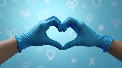 Two Hands in Powder-Blue Nitrile Gloves Forming Heart Shape with Fingers Touching Delicately Against Serene Azure Background