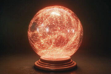Illuminated glass sphere glowing orange with intricate internal light patterns on a wooden base