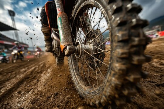 Closeup Motocross Bike Racing on Muddy Track, Mud Splatter and Intense Competition, Action Sport Challenge, Motorbike Adventure