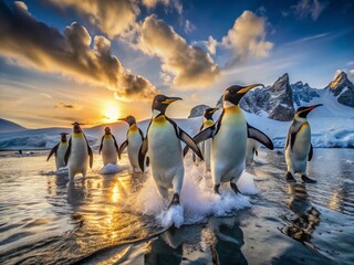 Majestic King Penguins Emerging from Antarctic Ice Waters - Aerial View