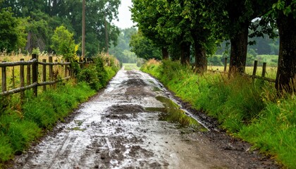 Fototapeta premium Serene Country Road with Muddy Puddles and Lush Green Trees