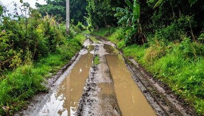 Obraz premium Muddy Country Road Surrounded by Lush Green Vegetation and Trees