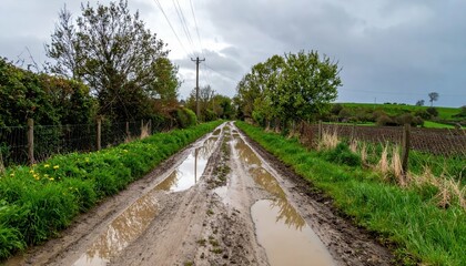 Muddy Country Road With Puddles and Green Vegetation on Sides