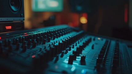 Professional music studio mixing console detail close up shot dark blue teal tech audio sound mixer