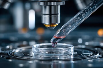 Close-up laboratory scene featuring a pipette adding liquid to a petri dish under a microscope objective for scientific research