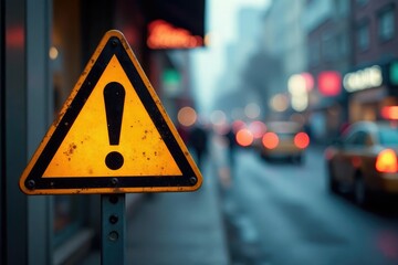 Warning sign on a secured banner, preventing accidents, visual, danger