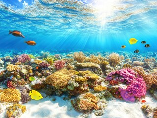 Naklejka premium Underwater coral reef landscape with tropical fish swimming in crystal clear ocean water sun rays shining down scenic view