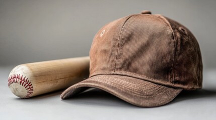 Vintage Baseball Cap and Wooden Bat on Neutral Background for Sports and Leisure Themes