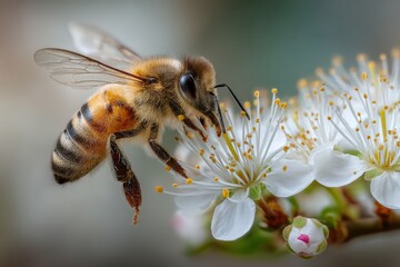 Honeybee Pollinating White Blossom, Springtime Flower Nectar Gathering, Honey Production and Bee Foraging, Agriculture