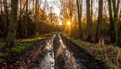 Obraz premium Sunset Over Muddy Path in Forest Surrounded by Trees and Foliage