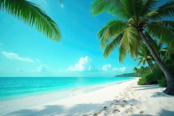 White sand, palm trees swaying gently in the breeze, coast, clouds