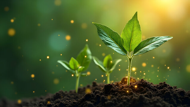 Stylized Leaf Seedlings with Geometric Patterns and Binary Code Textures Emitting Particles of Golden Light Representing Enhanced Vitamins - Powered by Adobe