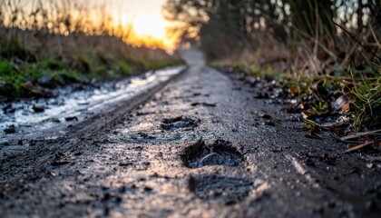 Footprints Along a Muddy Trail at Sunset in Nature Surroundings