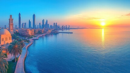 Fototapeta premium Sunrise over a city waterfront. A vibrant panorama of modern skyscrapers and historic architecture lining a tranquil coastline, bathed in the golden hues of sunrise