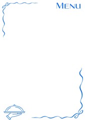A menu template with blue decorative border and hand holding a covered dish icon