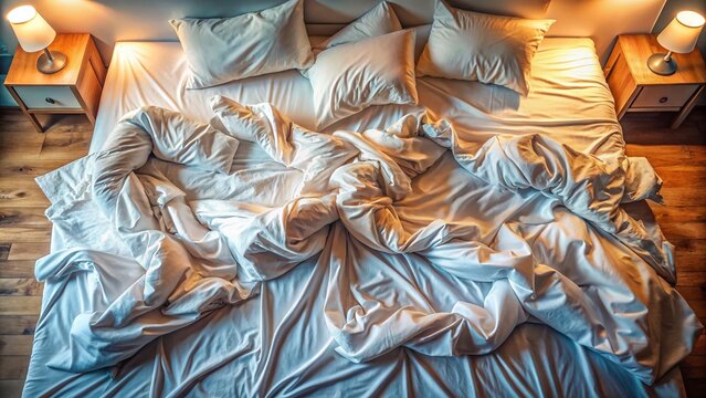 Messy Bed, White Bedding, Drone Photography, Technological Abstract, Unmade Sheets