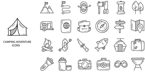 Camping simple concept 24 hand drawn icons set .Vector illustration.