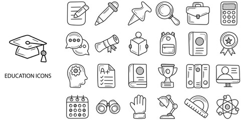 Education simple concept 24 hand drawn icons set .Vector illustration.