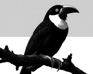 Black and white toucan perched on a branch
