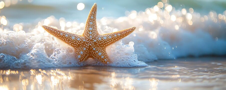 Starfish on beach, waves, summer