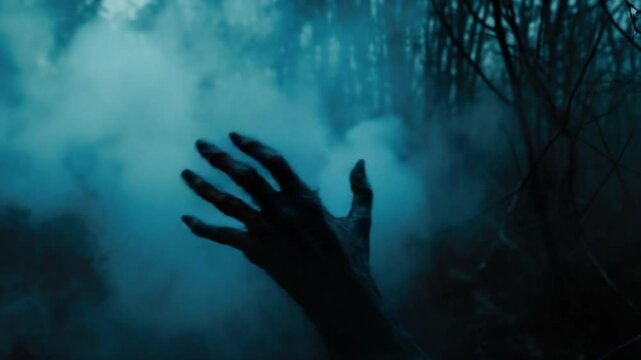 Eerie Disembodied Hand Emerging from Fog in Dark Enchanted Forest Scene at Twilight 4k video footage