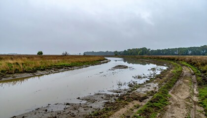 Serene Wetland Landscape with Calm River Flowing Through Marshy Area