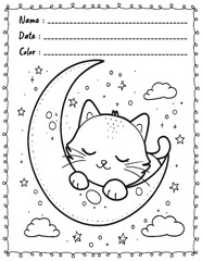 Cat Coloring Pages For Kid and adult.  
High resolution (300 DPI), 
Ready to print on standard 8.5x11 inch paper With No Bleed, 
Black and White. 
Vector illustration - AI, EPS, PNG, JPEG.