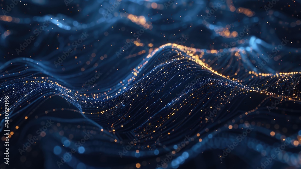 Poster abstract picture micro light sparkling particle represent data flow vivid flowing wave with high tec