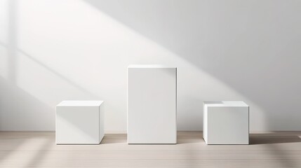 Fototapeta premium Three white geometric shapes on a wooden floor with shadows cast on a wall