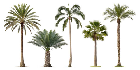 Various palm trees isolated on transparent background