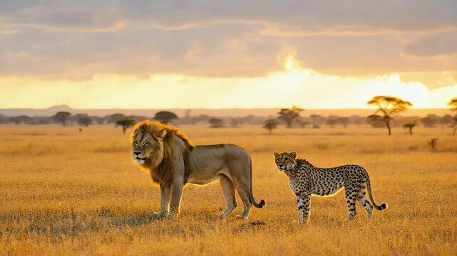 The lion and cheetah standing beside in savanna , animals video.