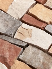 A close-up view of a textured stone wall with rectangular blocks in various earth tones, including beige, brown, and gray.