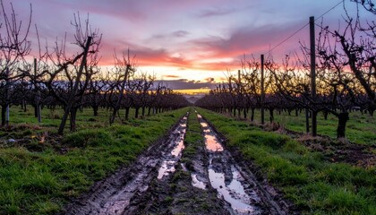 Naklejka premium Serene Sunset Over Orchard Path with Reflections in Muddy Soil