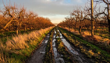 Naklejka premium Serene Winter Landscape with Muddy Pathway Through Orchard Trees