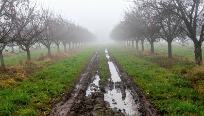 Fototapeta premium Misty Pathway Through Orchard in Foggy Autumn Morning