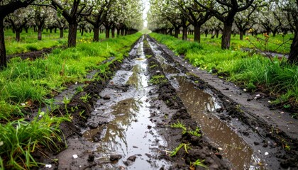 Fototapeta premium Muddy Pathway Through Blossom Orchard After Spring Rainfall