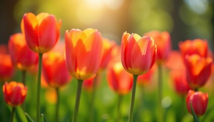 Vibrant tulips blooming in a spring garden, bathed in sunlight , vegetable, springtime, texture