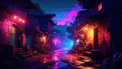 Neon-lit Alleyway at Night with Colorful Lights and Reflections