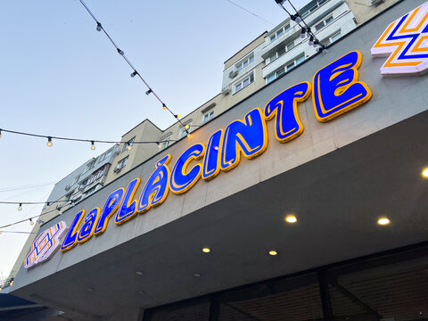 Kishinev, Moldova, April 23, 2025:The iconic La Placinte restaurant logo embodies authentic Moldovan gastronomy, featuring traditional motifs that celebrate the country's famous placinte pies.