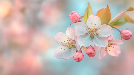 Dreamy soft-focus image of cherry blossoms with a pastel color palette and sparkling bokeh effect