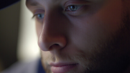 Obraz premium A man's intense focus in digital immersion, glowing softly with unseen connection