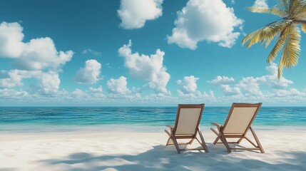 Two lounge chairs on a sandy beach with a palm tree and clear sky