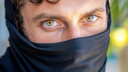 Enigmatic male portrait with intense eyes and mysterious covered face