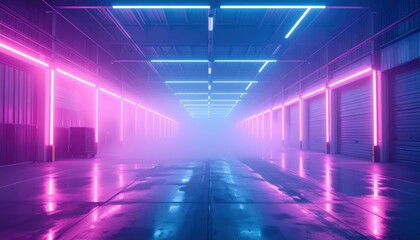 Neon Lights Illuminate Foggy Warehouse with Reflections and Shadows