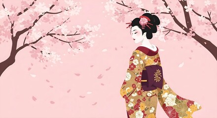 Fototapeta premium A serene scene featuring a woman, who could be a geisha, in a traditional Japanese kimono, enjoying the beauty of sakura (cherry blossoms) in full bloom. Culturally rich vector illustration.