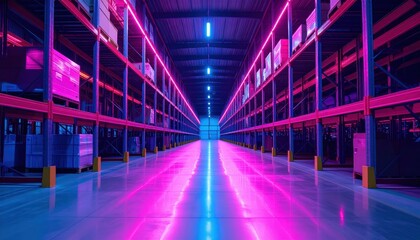 Futuristic Warehouse Interior with Neon Lights and Symmetrical Pathway
